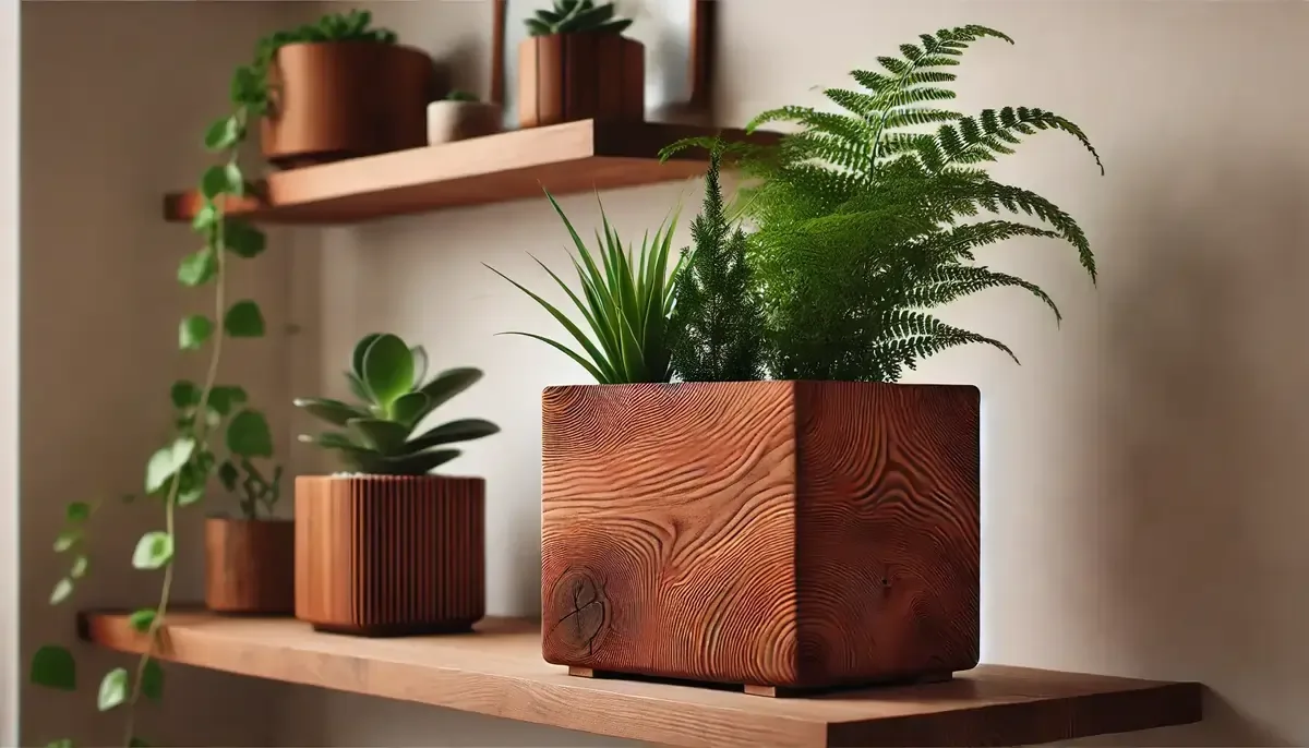 cedar wood indoor planter on a shelf