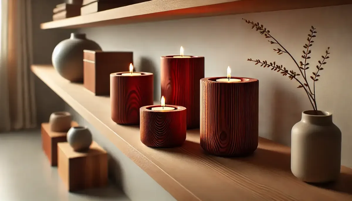 cedarwood candle holders on a shelf with candles