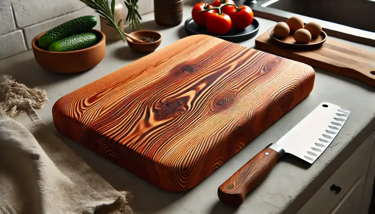 cedar wood chopping board in the kitchen with vegetables around it