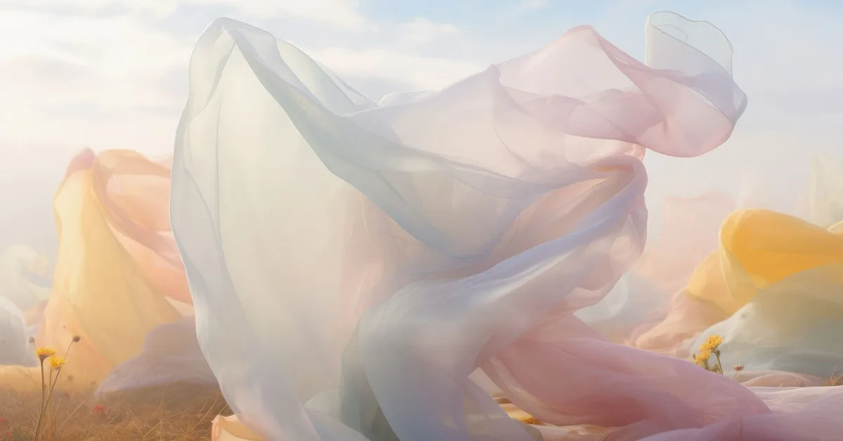 Sheer chiffon fabric floating in soft pastel light