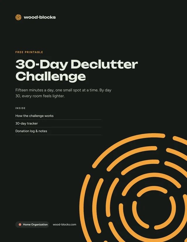Cover of the 30-Day Declutter Challenge, a free 4-page printable PDF from wood-blocks