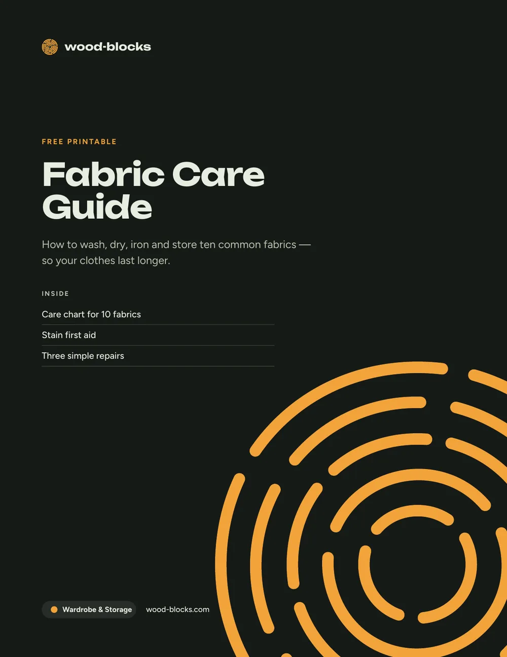 Cover of the Fabric Care Guide, a free 3-page printable PDF from wood-blocks