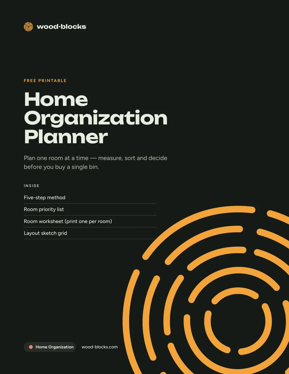 Cover of the Home Organization Planner, a free 4-page printable PDF from wood-blocks