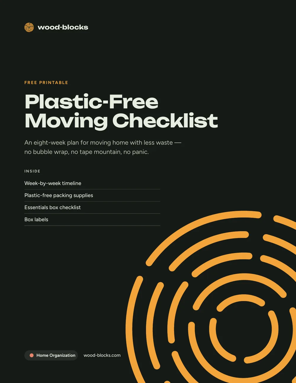 Cover of the Plastic-Free Moving Checklist, a free 4-page printable PDF from wood-blocks