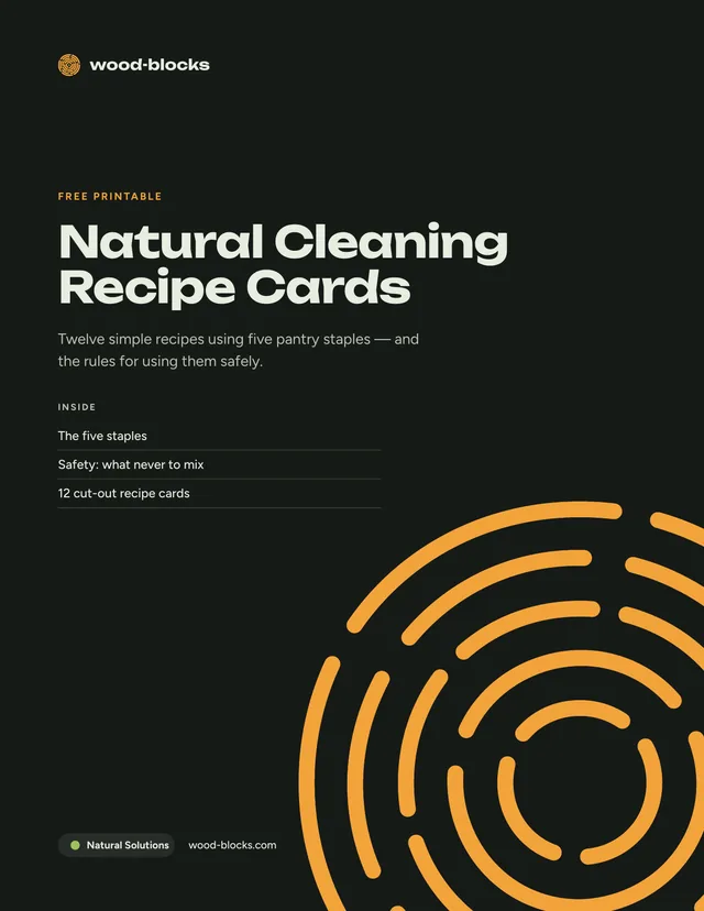 Cover of the Natural Cleaning Recipe Cards, a free 4-page printable PDF from wood-blocks