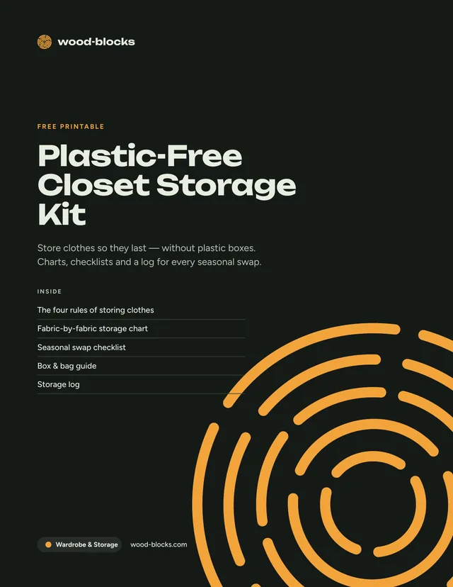 Cover of the Plastic-Free Closet Storage Kit, a free 5-page printable PDF from wood-blocks
