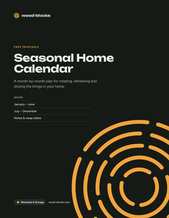 Cover of the Seasonal Home Calendar, a free 4-page printable PDF from wood-blocks