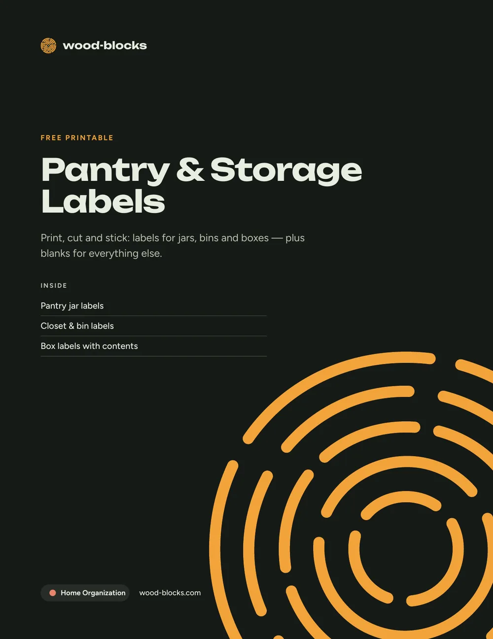 Cover of the Pantry & Storage Labels, a free 4-page printable PDF from wood-blocks