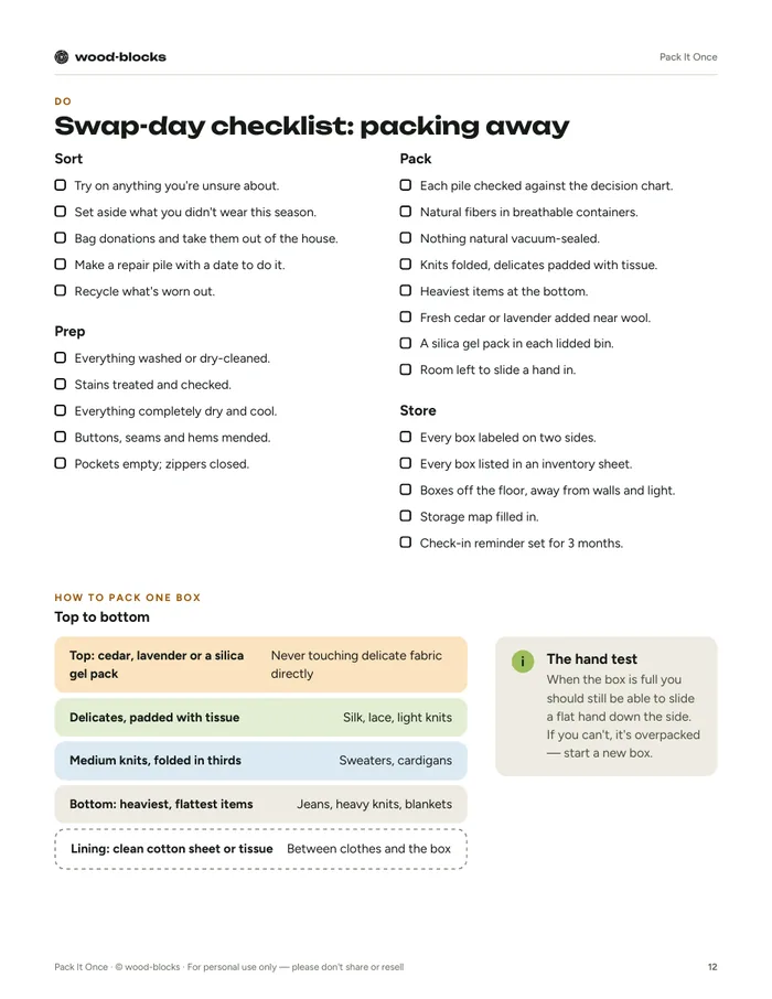 Swap-day checklist page from Pack It Once