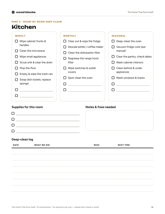 Room-by-room deep cleans page from The Home That Runs Itself